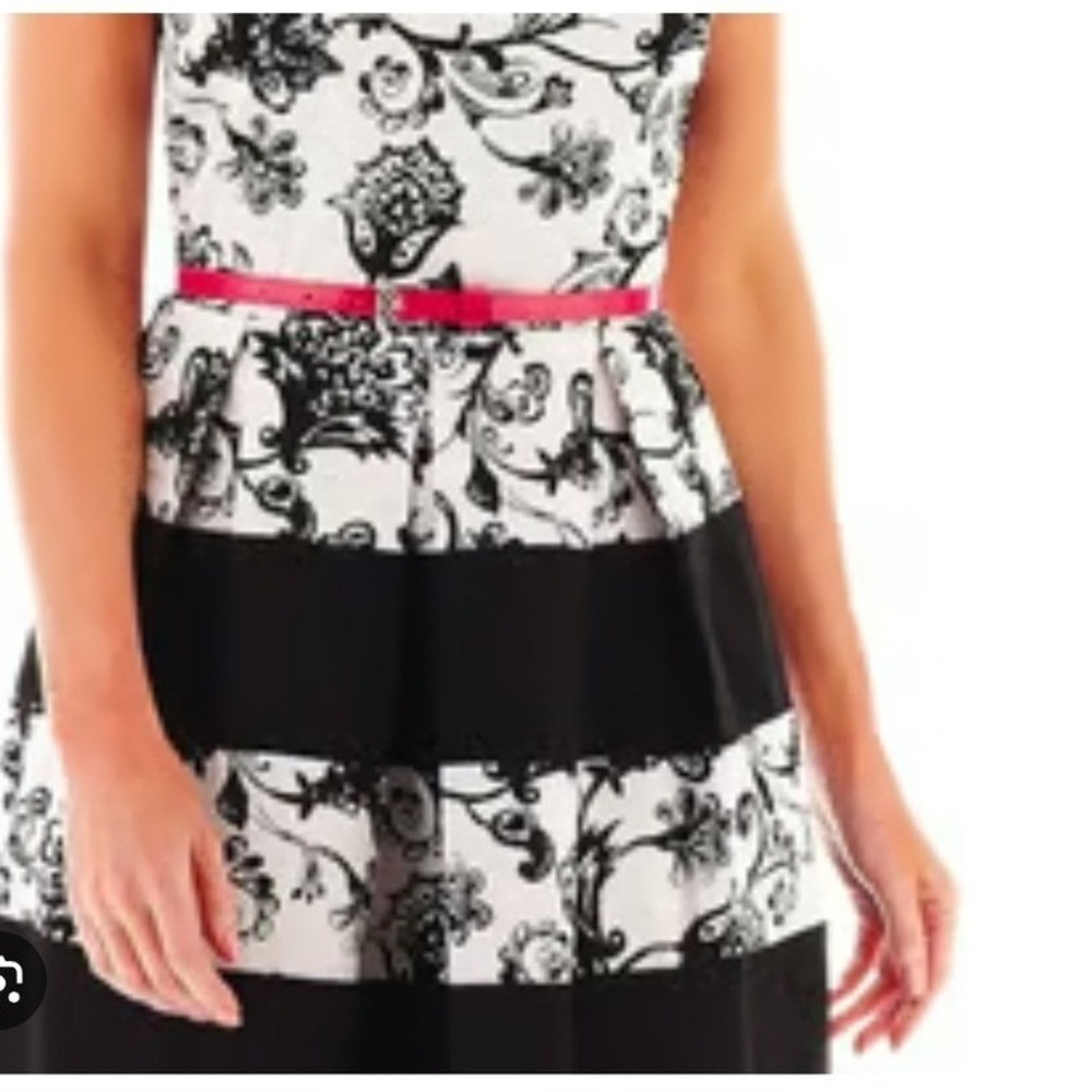 Tiana Womens Black White Floral Damask Fit Flare Dress Pink Belt 85142I‎ Size 16